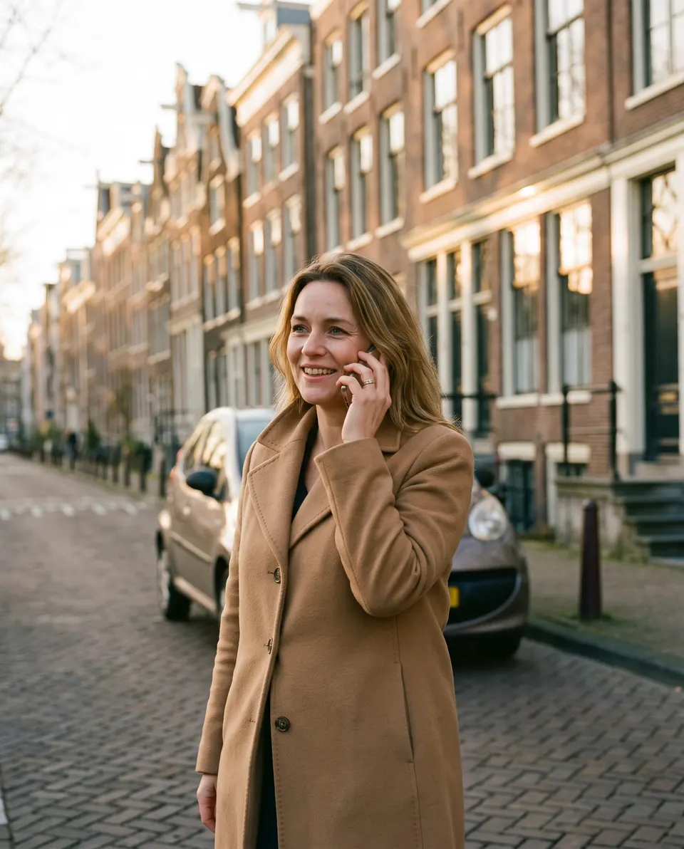Een vrouw staat op een straat met grachtenpanden en luistert rustig naar iemand aan de telefoon.