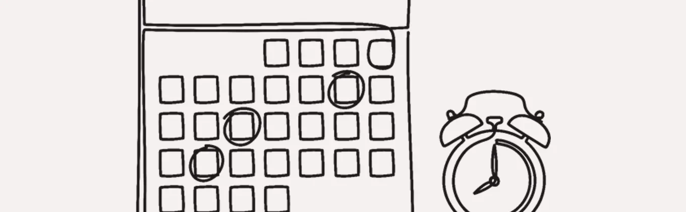 Lijntekening van een kalender met omcirkelde dagen en een wekker.