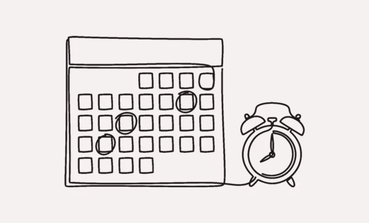 Lijntekening van een kalender met omcirkelde dagen en een wekker.