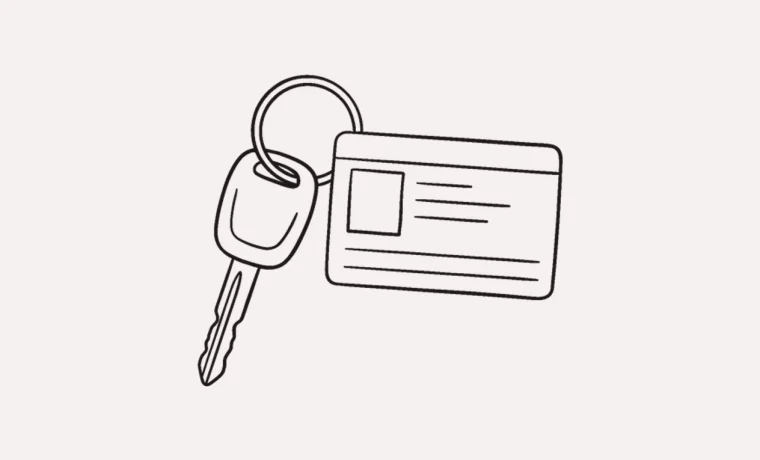 Lijntekening van een autosleutel naast een rijbewijspasje.