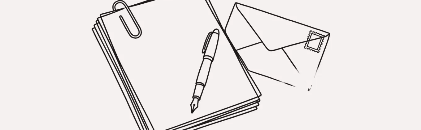 Lijntekening van een stapel stukken met een vulpen en een envelop.