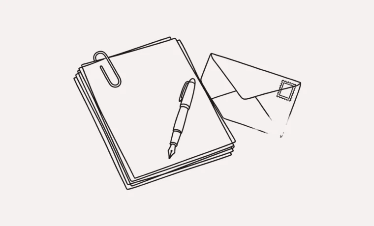 Lijntekening van een stapel stukken met een vulpen en een envelop.